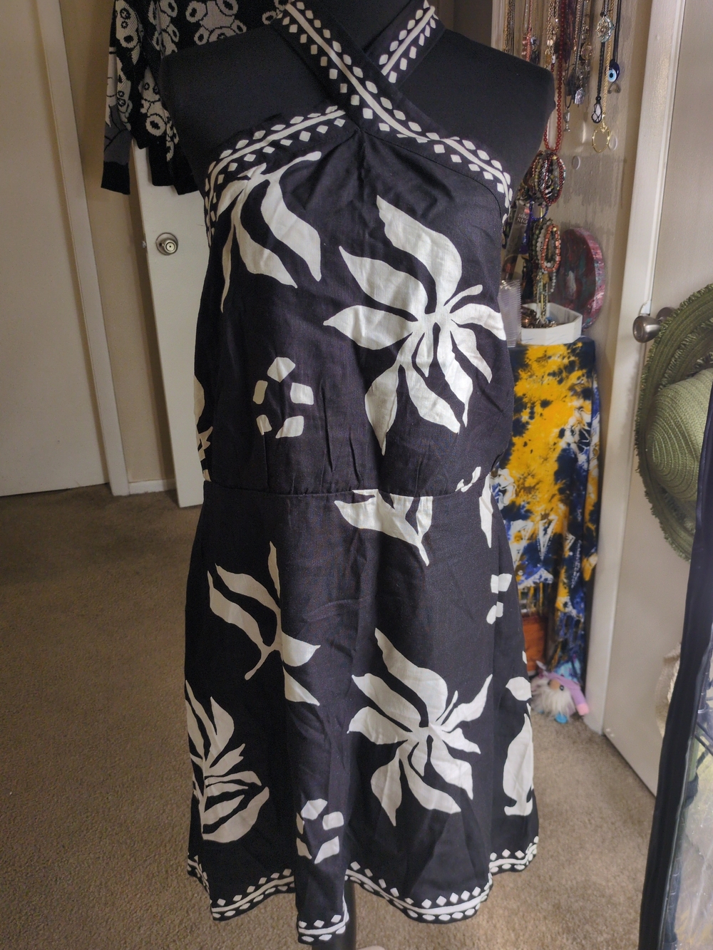 LOFT Fern Linen Blend Mini Halter Dress black white tropical fern Sz 12